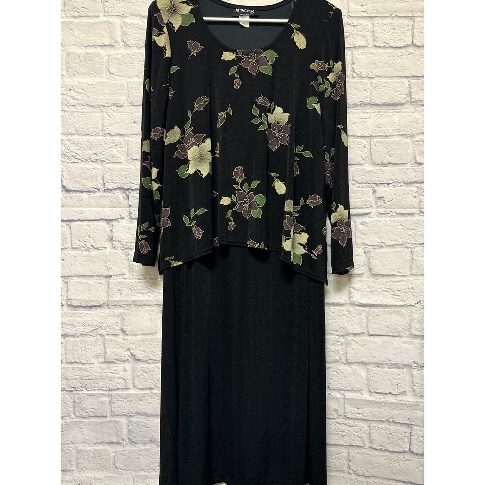All That Jazz Vintage Dress Black Floral ONE Piece Tank Under Long Sleeve SZ 16